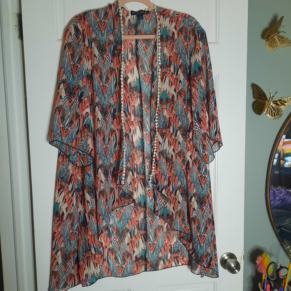 Living Doll Los Angeles Kimono Cardigan Large Coral Blue Chevron Pom‎ Pom Trim